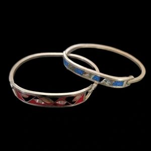 Two Mexican Silver Hinged Abalone Bracelets -  Red and Blue